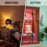 Full Spectrum Infrared Sauna，1-2 Person Home Sauna，Wooden Canadian Hemlock Indoor Spa Sauna with Resonance Speaker, Panoramic Tempered Glass Door — Before & After