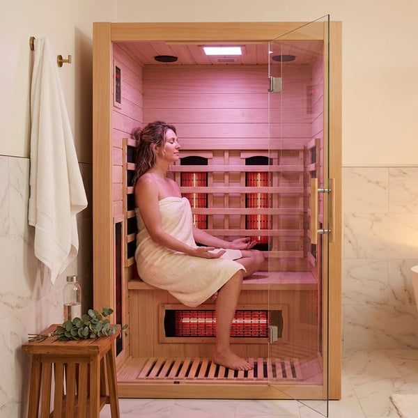 Infrared Sauna Built for Daily Wellness, Full Spectrum Heat, Canadian Hemlock Wood, Glass Door, Red Light